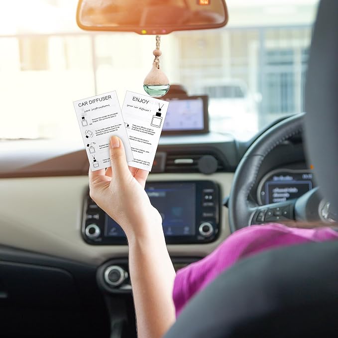 Boao 50 Sets Hanging Car Air Freshener Diffuser Bottles with 2 x 3.54 Inch Car Diffuser Instructions Cards for Empty Essential Oil Bottles(White Card,Water Droplet)