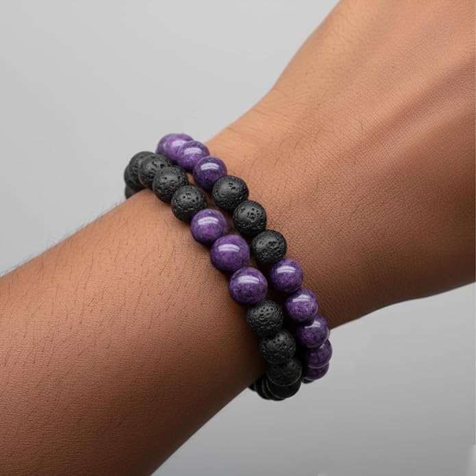 FORUBUS 2Pcs Lava Rock Beaded Bracelet Set – Essential Oil Diffuser Jewelry with Natural Stone Beads for Aromatherapy, Yoga, Meditation, and Stress Relief, Stretchy Bracelets for Women Men