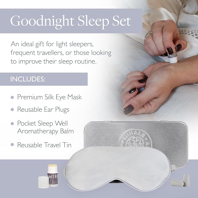 Scentered Goodnight Sleep Well Gift Set – Luxury Silk Eye Mask, Aromatherapy Pocket Balm (1.5g) & Reusable Ear Plugs in Travel-Friendly Gift Tin