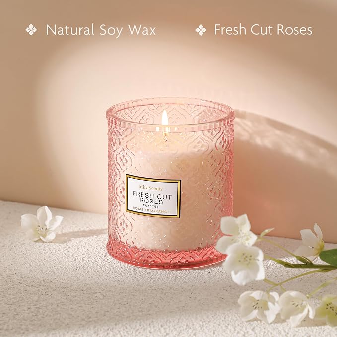 Rose Scented Candles,Pink Candles Gifts for Women, Valentine Luxury Large Decorative Candle in Glass, 19oz Natural Soy Wax for Home