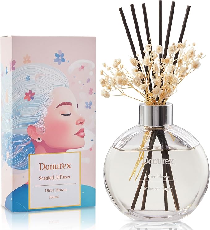 Flower Reed Diffuser Set 5.07oz Olive Flower Scent Diffuser with Sticks Home Fragrance Reed Diffuser for Bathroom Shelf Decor