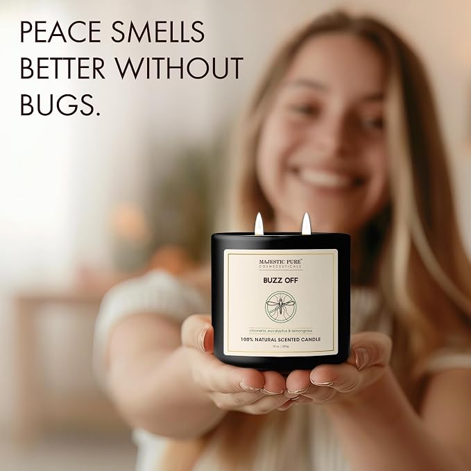 Majestic Pure Citronella Eucalyptus Lemongrass Scented Candle with Upto 45+ Hrs Burn Time, 2-Wick Candle, Soy Wax Blend for Cleaner Burn, 10 oz Jar Candle with Room Filling Fragrance, Buzz
