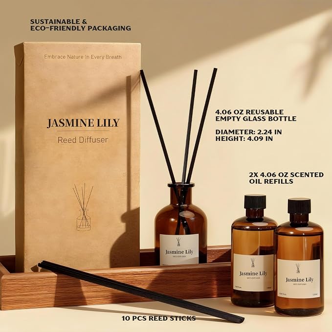 Reed Diffuser Set, 8.12 fl.oz Jasmine Lily Scented Diffuser with 10 Reed Sticks, Up to 120 Days, Home Fragrance Reed Diffuser for Bathroom Office Shelf Decor & Air Fresheners, 2 Pack