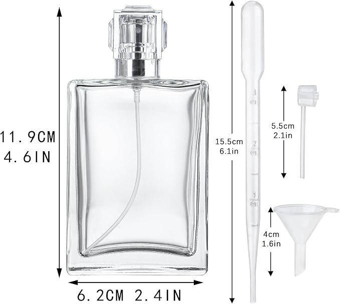 YU FENG 2 Pack Perfume Spray Bottles, 100ml/3.4oz Refillable Glass Perfume Atomizer, Empty Square Clear Glass Cologne Bottles with Fine Mist Spray