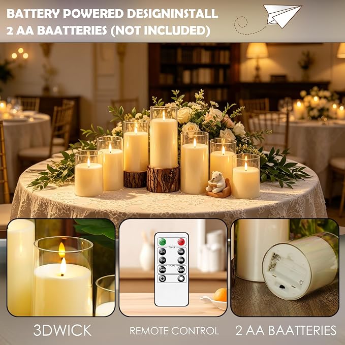 kakoya Flickering Flameless Candles Battery Operated with Remote and 2/4/6/8 H Timer Acrylic Led Pillar Candles Pack of 9 (D 3" xH 4" 5" 6") with Realistic 3D Wick Candles for Home Decor(Ivory)