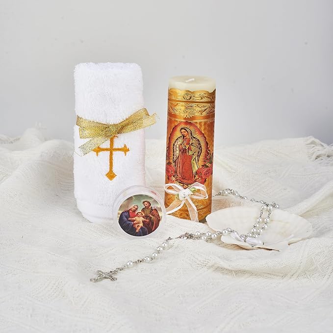 Catholic Baptism Candle Set for Boys and Girls - Includes Virgen de Guadalupe Candle, Towel, Rosary and Shell