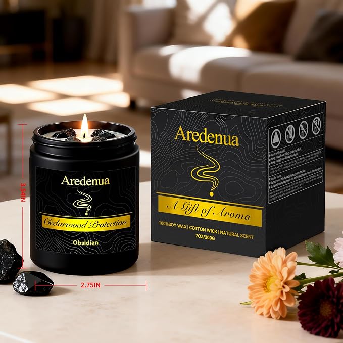 Scented Candle with Crystal for Emotional Protection and Grounding - Cedarwood Aromatherapy Candle with Obsidian Healing Crystals, Natural Soy Wax 7oz, Strength Gift for Women Men