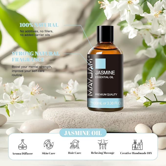 Jasmine Essential Oil with Glass Dropper, MAYJAM Pure Essential Oils for Diffusers for Home, Jasmine Oil for Soap Making, Candle Making, 3.38FL.OZ