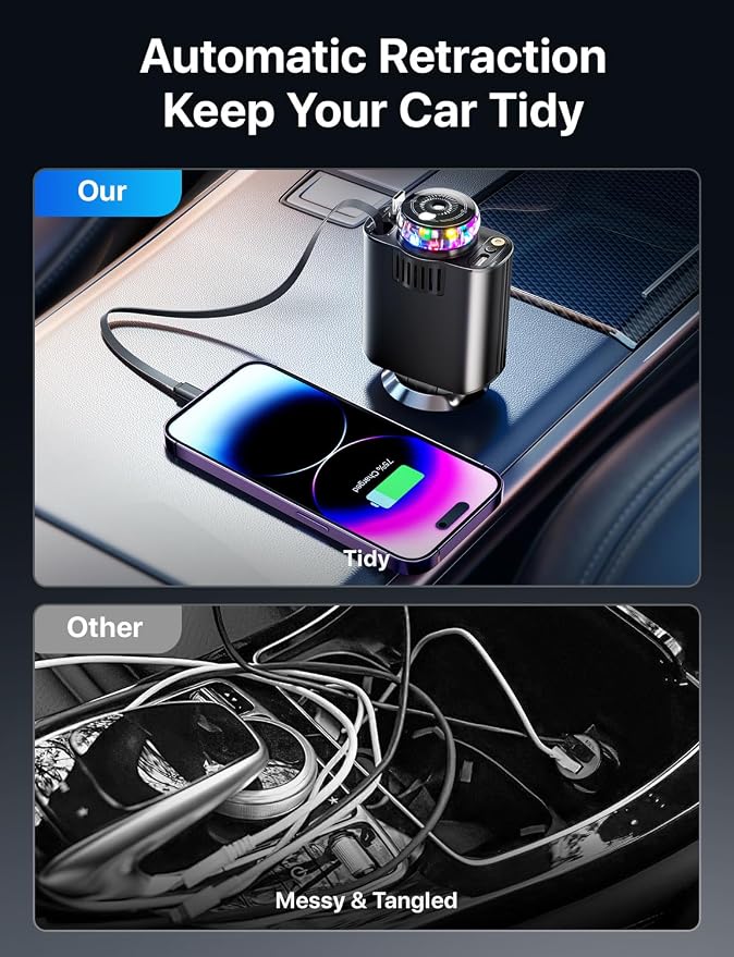 Aromatherapy 5 in 1 Retractable Car Charger with Starlight, USB C Car Charger Adapter and 2 USB Ports, Aroma Starry Sky Car Air Freshener Diffuser Fast Charging Compatible with iPhone 16 15 14 13 12