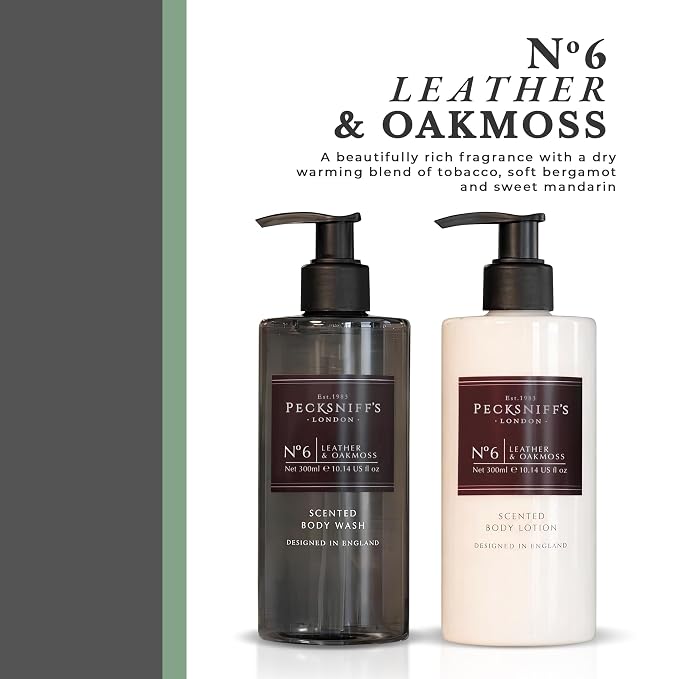Pecksniffs Mens Bathing Duo Collection – Leather & Oakmoss Scented Body Wash and Body Lotion Gift Set, 2 x 250ml