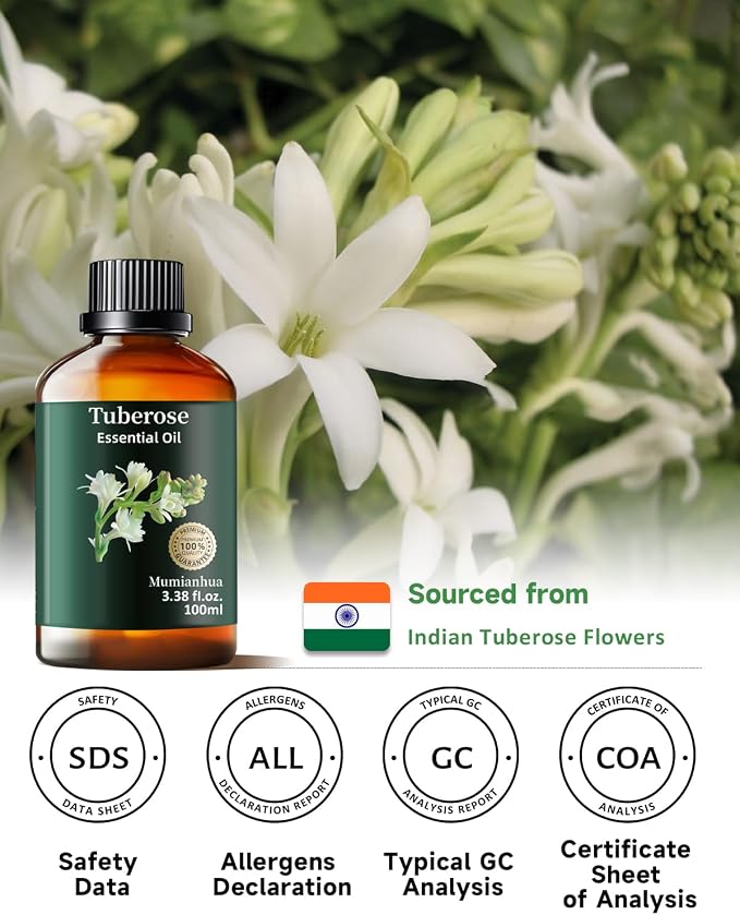 Tuberose Essential Oil, Pure Tuberose Oil Mumianhua Extravagant Perfumer's Essence Floral Oil for Reed Diffuser, Natural Perfume & Skin Elixir, Hair, Candle Making 3.38 Fl Oz