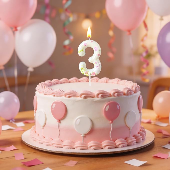Number 3 Birthday Candle for Cake – Goose Inspired Design with Floral, Balloon & Leaf Details – Farm Theme Cake Topper for Birthday Party Decoration