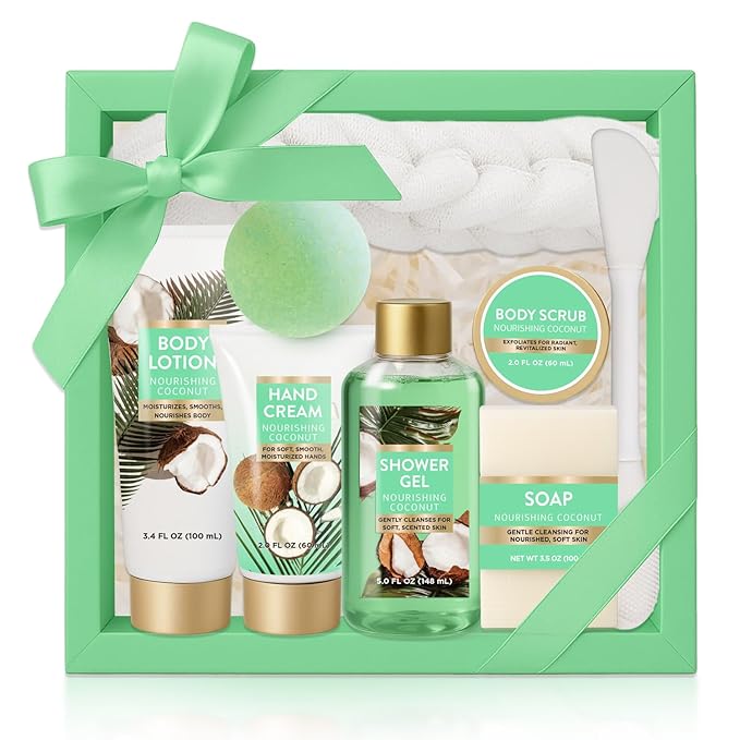 Spa Gift for Women, 8 Piece Luxury Coconut Bath Set with Bubble Bath & Bath Bombs Body Scrub Lotion Hand Cream, Bath Sets for Women Gift, Anniversary Present Birthday Gifts