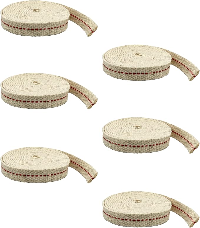 Light of Mine - 1/2" Inch 6' Foot, 100% Cotton Flat Wick - 6 Pack, for Paraffin Oil, Kerosene Based Lanterns, and Oil Lamps with Genuine Red Stitch (1/2" - 6' Roll, 6 Pack)