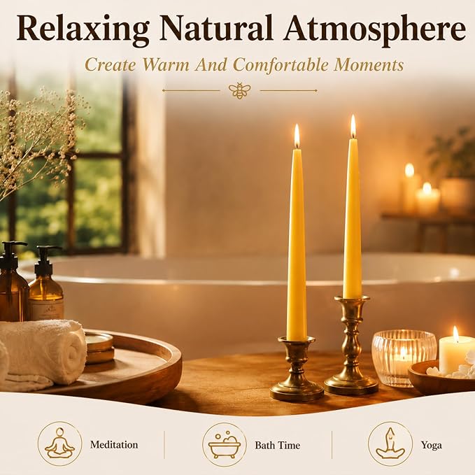 10inch Beeswax Taper Candles 12 Pack Natural Pure Beeswax Candlesticks Smokeless 9 Hour Long Burning Time Tapered Beeswax Candle Sticks Bees Wax Candle for Home Prayer