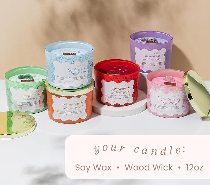Red Crystal Candle for Women – 12oz Large Luxury Soy Wax with Crackling Wood Wick, Slow Burn Meditation with Healing Crystals, Birthday or Mother’s Day Gift