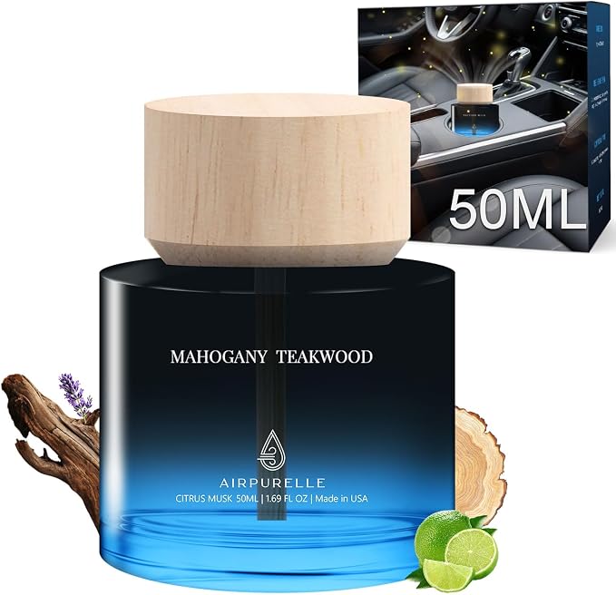 Car Air Freshener 50ML (1.7 FL OZ) Car Air Fresheners Perfume - Mahogany Teakwood Fragrance Oil Air Diffuser for Car, 180+ days Long Lasting Fragrance, Wooden Cup Design Car Fresheners, Made in USA