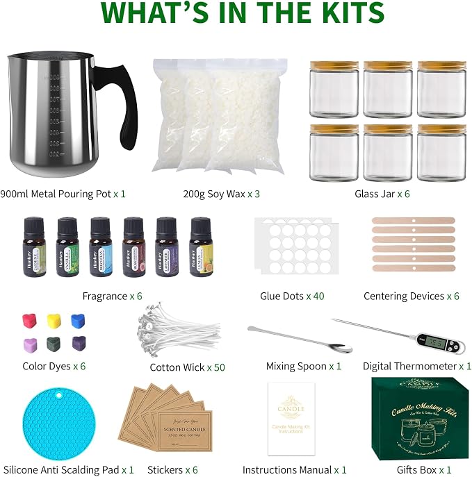 Aeraroma Candle Making Kit for Adults, Soy Candle Making Kit for Beginner - DIY Starter Candle Making Supplies with 900ml Candle Make Pouring Pot & Glass Jars, Perfect for Home Decorations