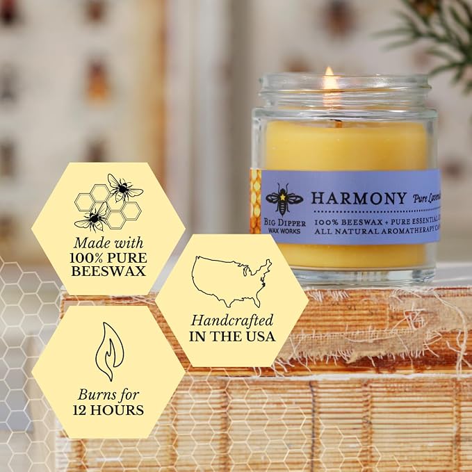 Big Dipper Wax Works Beeswax Aromatherapy Candle – Harmony - Pure Lavender, 3.2 oz Apothecary Glass, 2" x 2.5" – Natural Relaxing Scent, Clean 20 Hour Burn, Eco-Friendly & Hand-Poured
