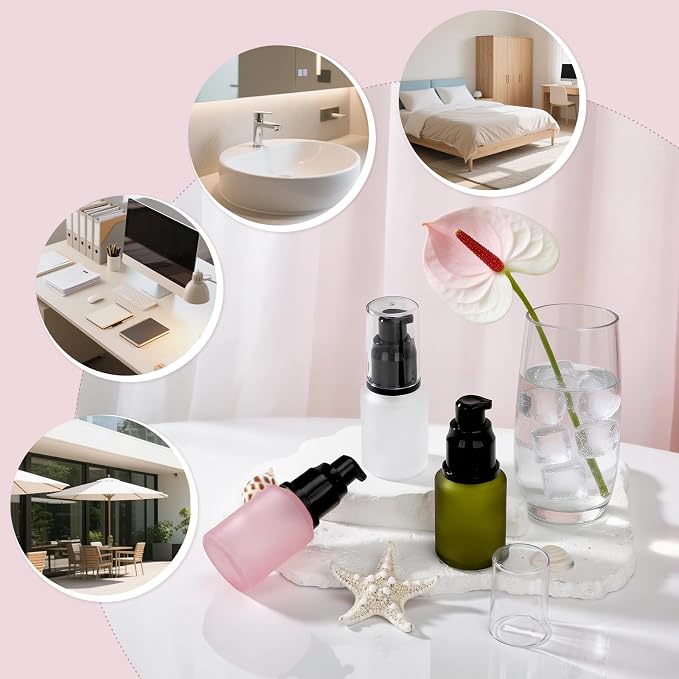 Segbeauty 1oz Frosted Glass Lotion Bottle Empty, 3pcs Travel Lotion Container, 30ml Refillable Glass Travel Bottles for Toiletries, Hair Oil Bottles, Mini Size Skincare Cream Pump Bottle Mixed Color