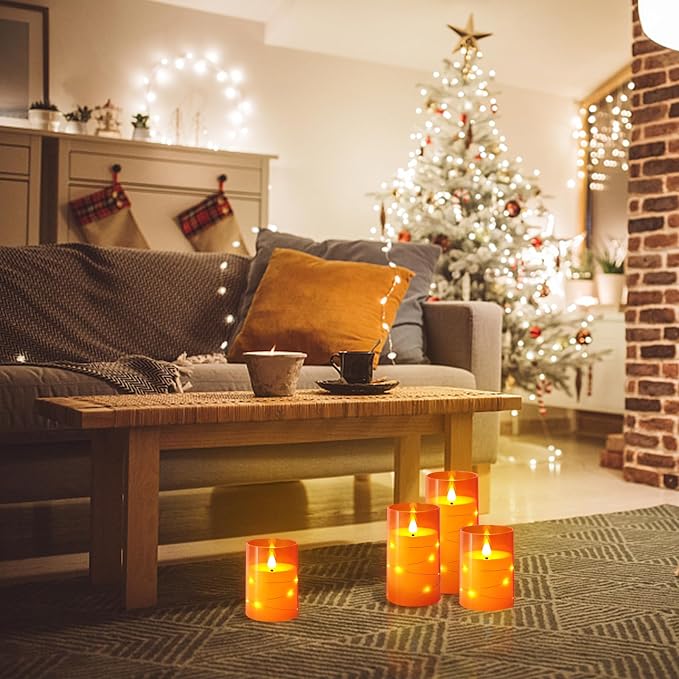 NURADA Flameless Candles with Remote Timers: Built-in Star String Lights 3D Wick Battery Operated Flickering LED Electric Candles for Halloween Thanksgiving Dinner Tables Fall Home Decor Orange 3 Pack