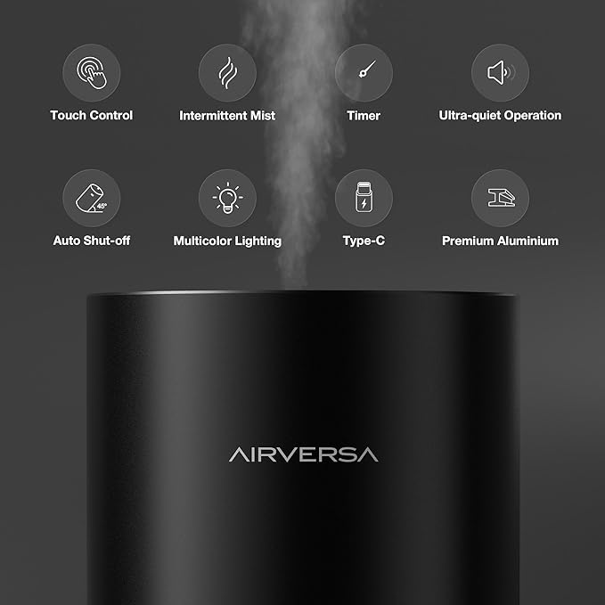 Airversa Waterless Essential Oil Diffuser for Home Room Desk Car Air Freshener Diffuser, Up to 600 sq ft, Battery Operated, Mist Level and Timer Settings, 100mL Capacity, Cold Air, RD1 Black