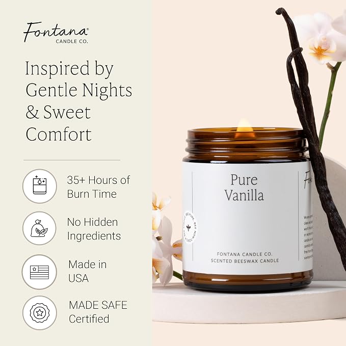 Fontana Candle Co Wood Wick Beeswax Jar Candle, Vanilla – Made Safe with Coconut Oil & Pure Essential Oils – 35+ Hrs Clean Burn, Long Lasting and Non-Toxic Candles for Home & Room Decor