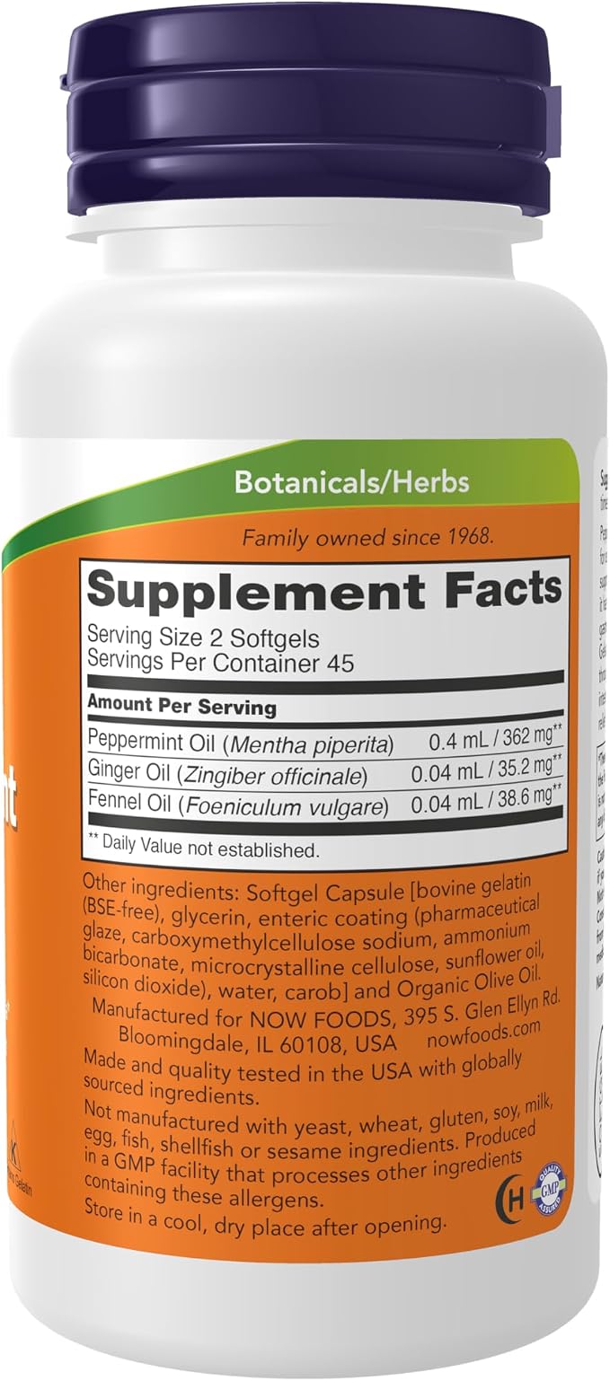 NOW Foods Supplements, Peppermint Gels with Ginger & Fennel Oils, Enteric Coated, Digestive Support*, 90 Softgels, (Pack of 2)
