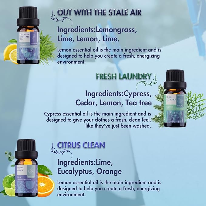 Wecona Essential Oils for Laundry - 100% Pure Essential Oils for Diffusers for Home,6x10ml(Clean)- Aromatherapy Oils for Soap,Candle Making,Humidifiers,Dryer Balls