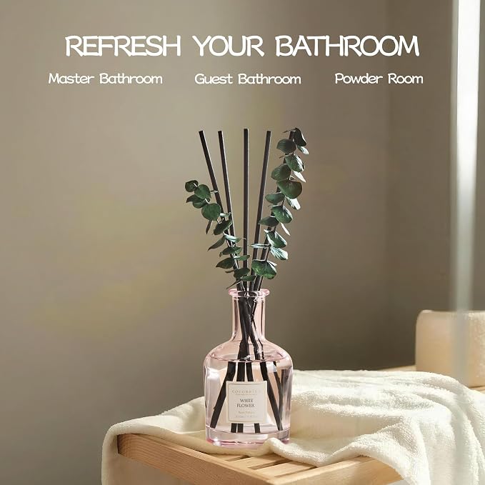 COCORRÍNA White Flower Reed Diffuser – 6.76 oz Essential Oil with 8 Reeds & Real Eucalyptus Sticks, Home Fragrance for Bedroom or Bathroom Décor