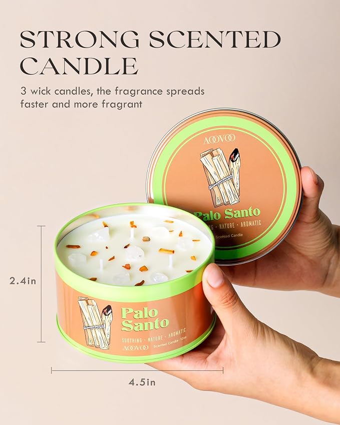 AOOVOO Palo Santo Candle for Meditation & Cleansing - 3 Wick 12oz Scented Candle with White Crystals & Palo Santo Inside, Non-Toxic Soy Candle for Spiritual Healing, Aromatherapy Gift for Women & Men
