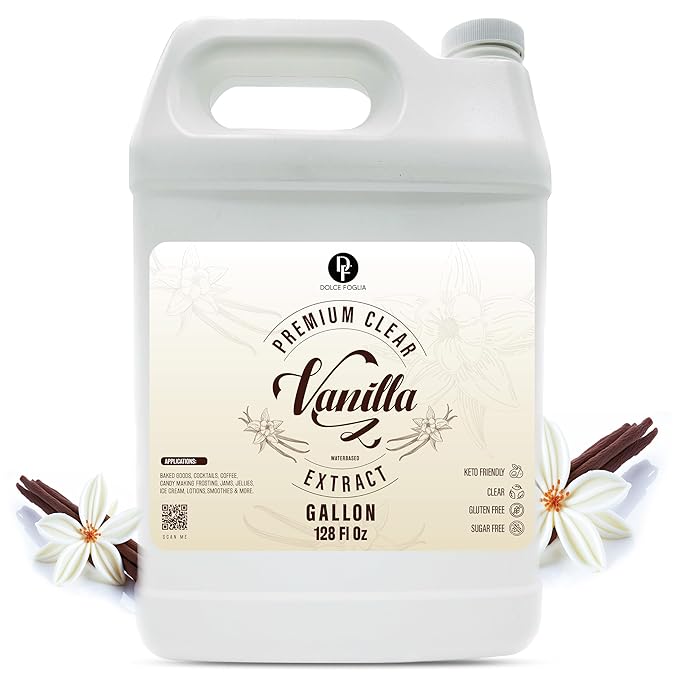 Dolce Flav Natural Water-Soluble Flavor Extracts – Sugar-Free, Kosher, Allergen-Free Concentrated Flavorings for Baking, Desserts, Beverages & More, Clear Double Strength Imitation Vanilla Extract, 1 Gallon