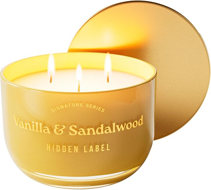 Hidden Label Vanilla Sandalwood Scented Candle, 18oz Large 3 Wick Natural Soy Wax Candle, 70 Hours Burn Time Non Toxic Aromatherapy Candle for Home, Luxury Home Décor & Gift for Women