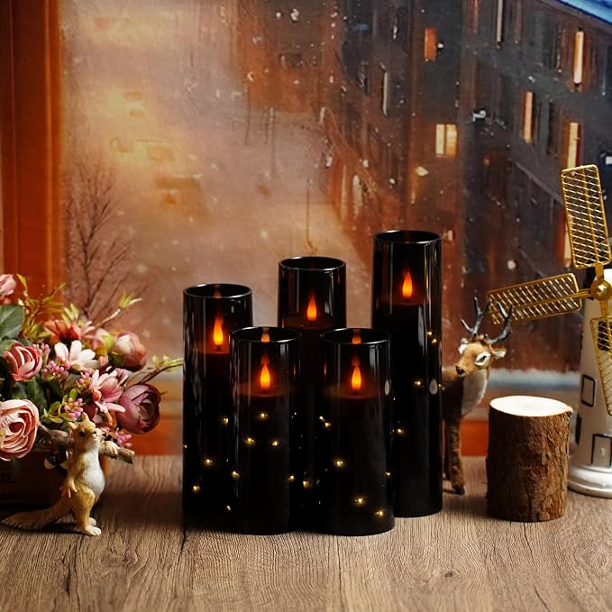 kakoya Flameless LED Candles with Timer 5 Pc Flickering Flameless Candles for Romantic Ambiance and Home Decoration Stable Acrylic Shell,with Embedded Star String,Battery Operated Candles（Black）