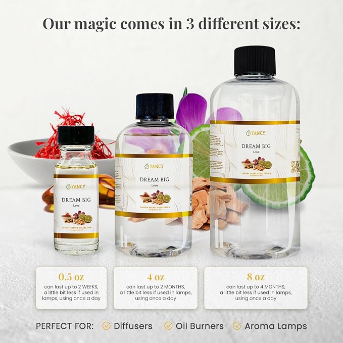 YANCY Dream Big Luxury Collection Fragrance Oil (4 oz), Sweet Fruity Scent, Inspiring Aroma for Diffusers, Oil Burners & Aroma Lamps, Boosts Motivation and Enhances Workspace Energy