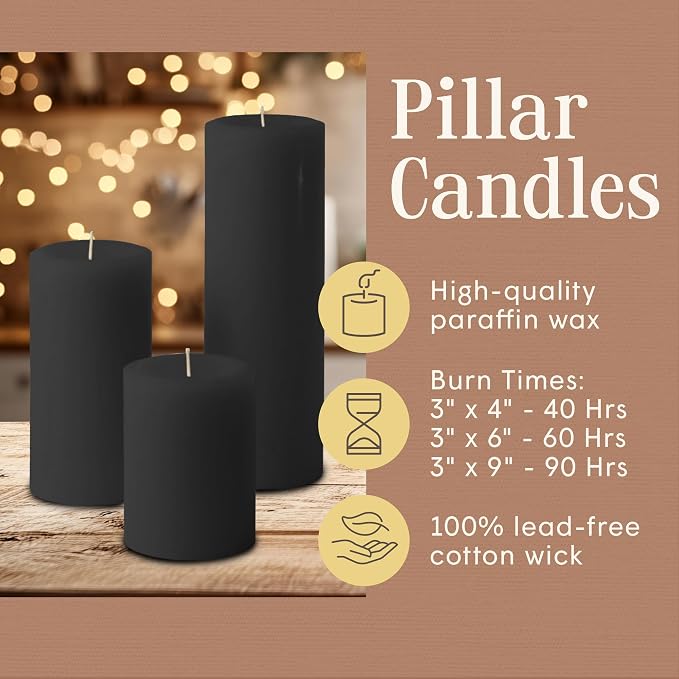 Mister Candle Unscented Dripless Pillar Candles Set of 3, Hand Poured 3 Inch Candles, Premium Wax, Decorative Pillar Candles, (3" x 4", 3" x 6", and 3" x 9", Black)