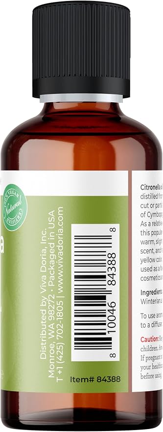 Viva Doria Citronella Essential Oil, 100% Pure, Natural Citronella Essential Oil, Undiluted, for Aromatherapy | Food Grade, 30 mL (1 Fluid Ounce)