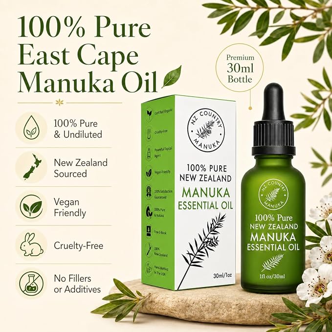 100% Pure New Zealand Manuka Oil | Organic Essential Oil | 35x Stronger Than Tea Tree | Natural Skin Care | Toenails | Diffuser | Aromatherapy | Nails | Hair | Skin | Lips