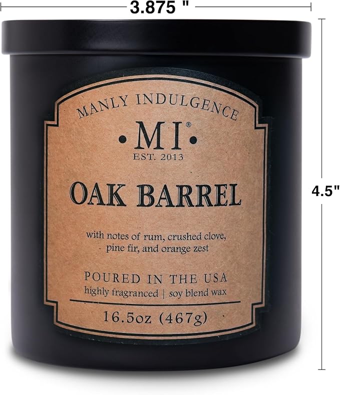 Manly Indulgence Oak Barrel Candles for Men, 2 Wick, 16.5 oz, Premium Soy Blend Wax, 60H Burn, Candles for Home Scented - Made in The USA