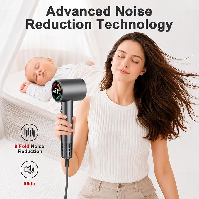FAMOO Hair Dryer, 160,000 RPM High-Speed Ionic Blow Dryer with Diffuser and Concentrator Nozzle, 500 Million Negative Ions,Fast Drying, LED Display,Light and Quiet,For All Hair Types,For Home & Travel