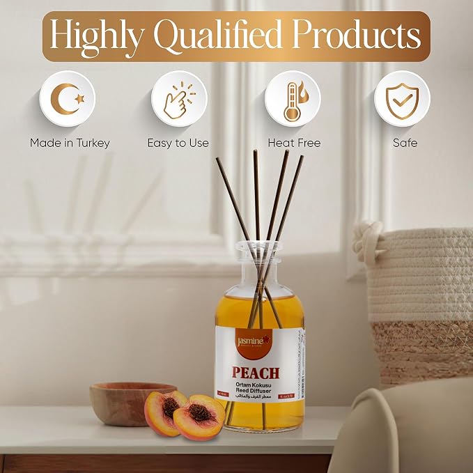 Jasmine Turkish Reed Diffuser (Peach) Set 3.72 Fl. Oz (110ml), with 4 Reed Sticks. For Your Office, Bedroom, Bathroom, Kitchen. Elegant Fragrance for Your Entire Home. A Nice Gift for Your Loved Ones.
