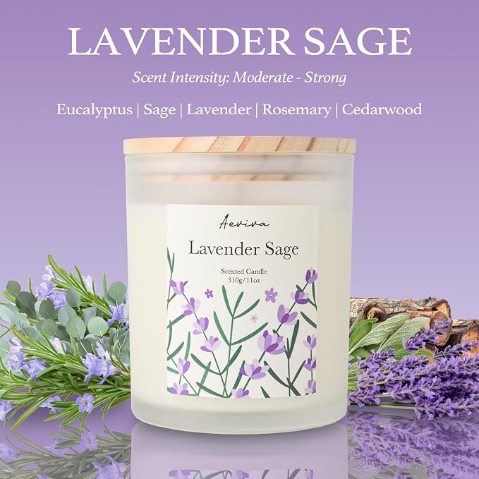 Lavender Sage Scented Candle, 11oz 60 Hour Burn, Natural Soy Wax with Thick Cotton Wick, Highly Scented Aromatherapy Candle for Stress Relief & Meditation, Gifts for Women & Men