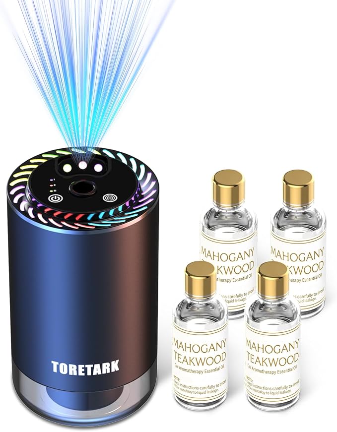 Smart Car Air Freshener with Star Light & 200ml Diffusers Oil Refills, Auto On/Off Aroma Diffuser, 3 Adjustable Mist Modes Rechargeable Aromatizante para Carro - Car Diffuser（Mahogany Teakwood*4）