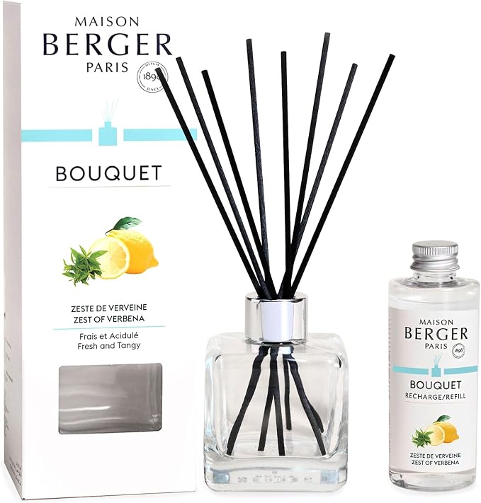 MAISON BERGER Reed Diffuser Bouquet, 100 ml, Zest of Verbena | Clear Glass Bottle, 8 Reed Sticks, 100 ml Refill, Up to 6-Week Passive Diffusion, No Flame, Made in France