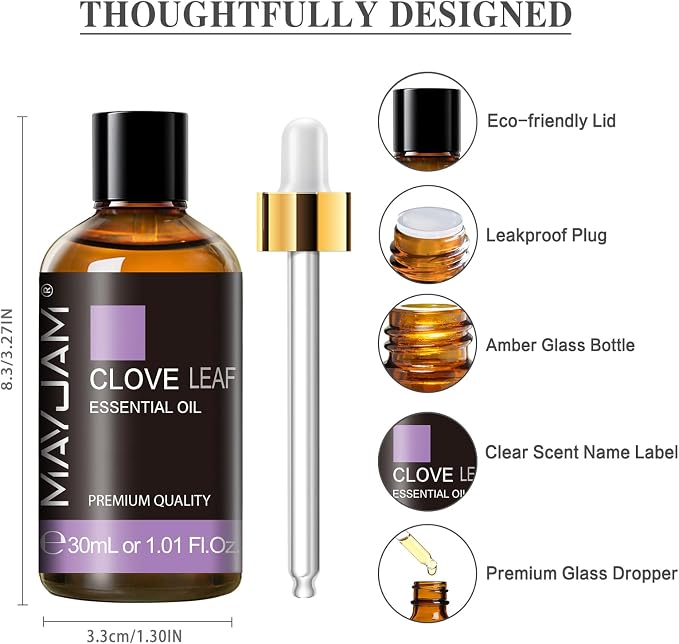MAYJAM Clove Essential Oil, 1.01 FL.OZ Pure Essential Oils for Aromatherapy Diffuser, Great for DIY Candle and Soap Making(30ml)