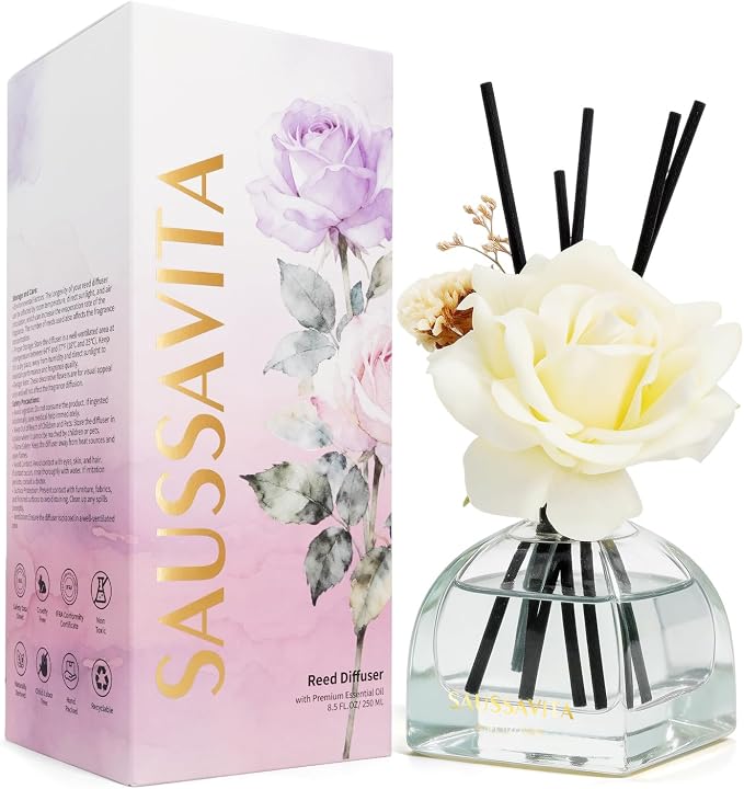Reed Diffusers Set Flower Scented Diffuser for 140 Days, Flower Diffuser 8.5 fl oz with Dried Flowers and Decorative Rose, Long Lasting Home Fragrance with 10 Sticks for Bathroom, Shelf, Office Decor