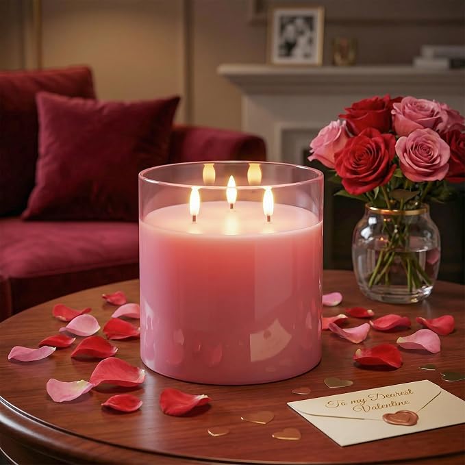 Homemory 6x6 Extra Large Flameless Candle with 3 Wicks, Pink Glass LED Pillar Candle, Real Wax Battery Operated Candle with Remote and Timer, Flickering Flameless Candle Home Wedding Valentine Decor