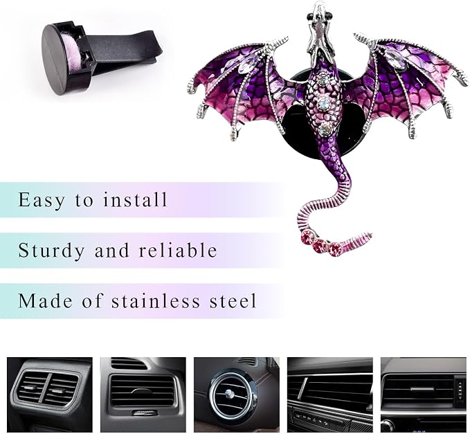 2PCS Bling Wyvern Car Air Freshener Vent Clips, Alloy Enamel Dragon Auto Outlet Clips with Fragrance Tablets, Refillable Cute Flying Dragon Crystal Vent Clip Aroma Diffuser (Purple)