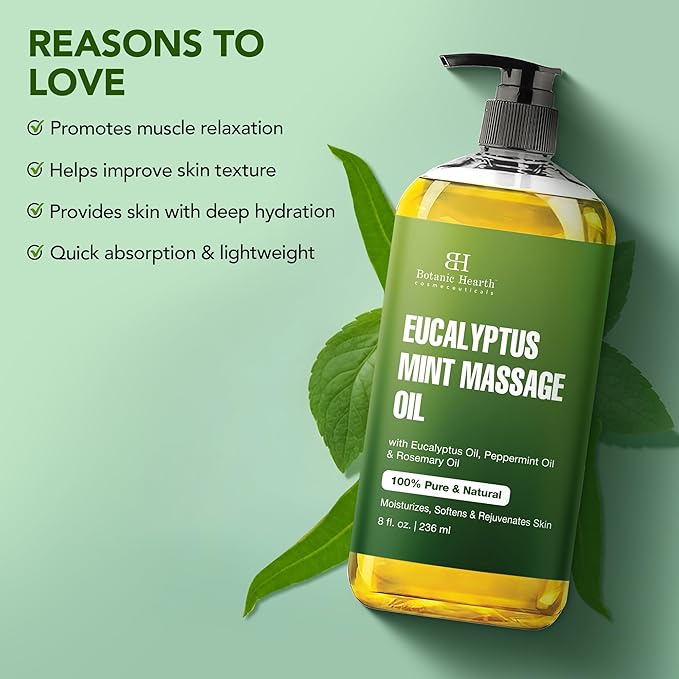 Botanic Hearth Eucalyptus Massage Oil 8 Fl Oz | Refreshing, Relaxing Massage Oils for Muscle Relaxing & Joint Comfort | Made with Natural Oils | for All Skin Types, for Men & Women