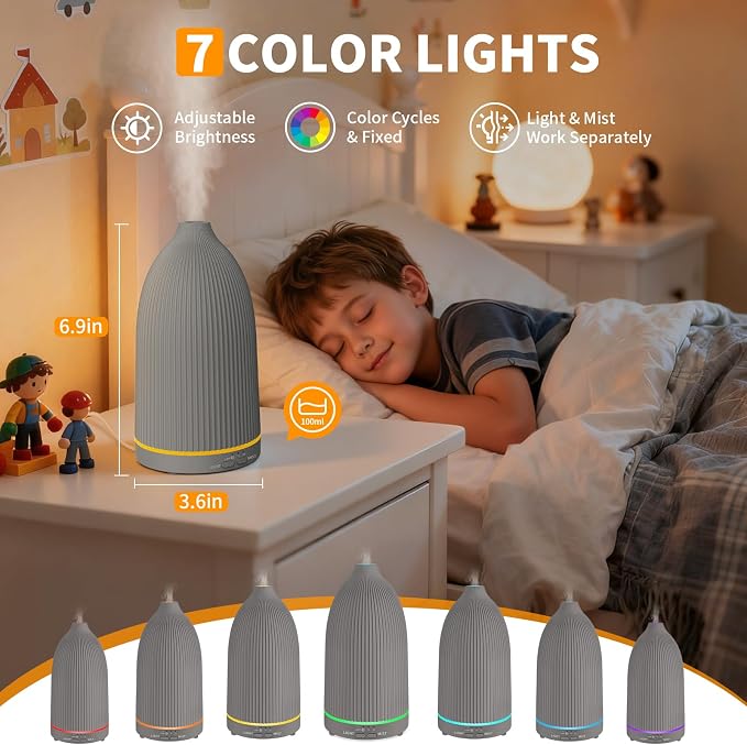 URPOWER 100ML Essential Oil Diffuser Ultrasonic Cool Mist Humidifier with 7 LED Lights, Timer & Auto-Off Quiet Aromatherapy Scent Diffuser for Home Bedroom Office Relaxation